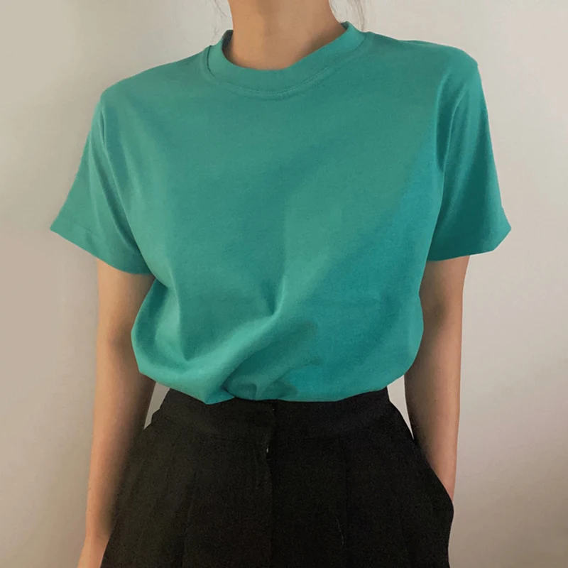 

Korea Chic Spring Simple Basic Models Wild Round Neck Pullover Pure Color Loose Casual Short-sleeved Bottoming Shirt T-shirt