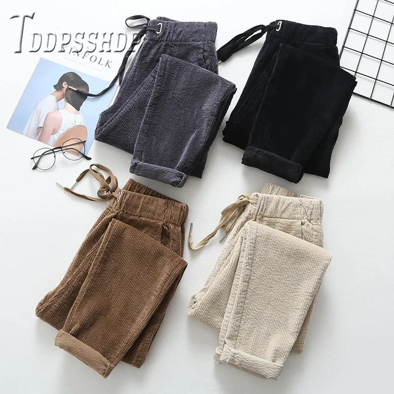 

2019 Lining With Fluff Corduroy Women Pants Elastic Waist Casual Female Harem Trousers