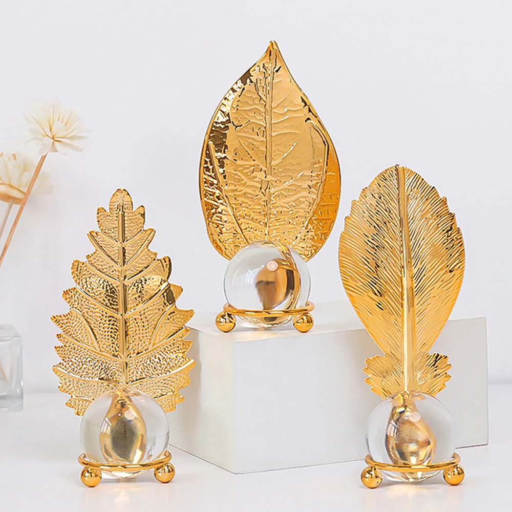 

Modern Figurines Metal Golden leaf Decor Crystal Ball Crafts Ornament Living Room Home Decoration Accessories Christmas gift
