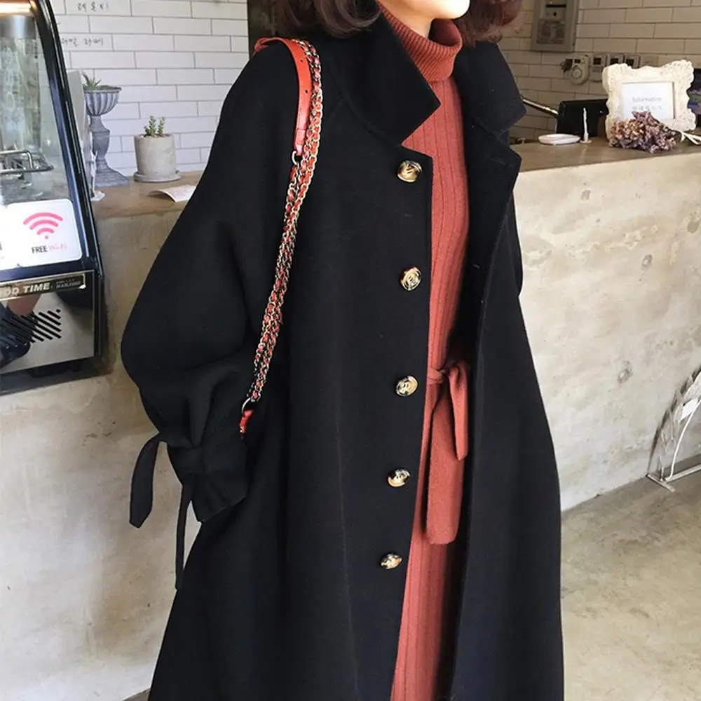 

Woolen Women Coat Winter Fashion Vintage Warm Solid Sashes Long Wool Coat Manteau Femme Abrigos Mujer Plaszcze Damskie