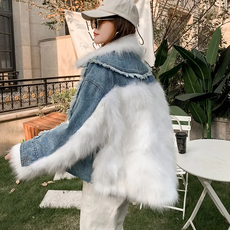 

SHZQ Thicken Winter Women Denim Jacket with Real Fox Fur Coat Casual Long Sleeve Short Coat Fur Collar Outerwear Loose Style Ove
