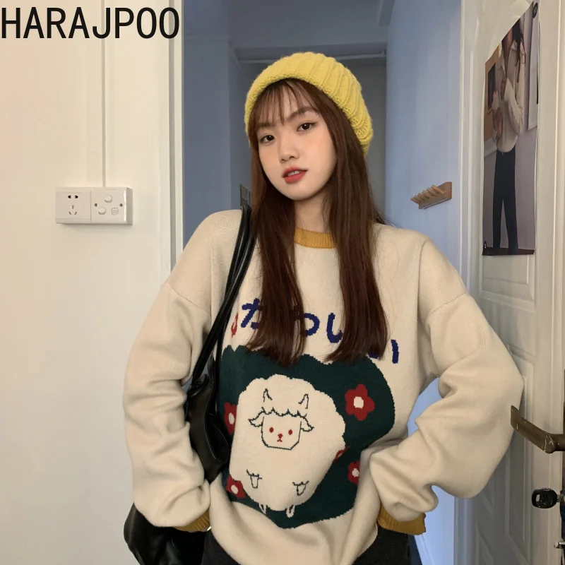 

Pullover Harajpoo Women Knitwear Cartoon Letter Print Apricot O Neck Sweater Fall Winter Thick Loose 2021 New Japanese Lazy Oaf