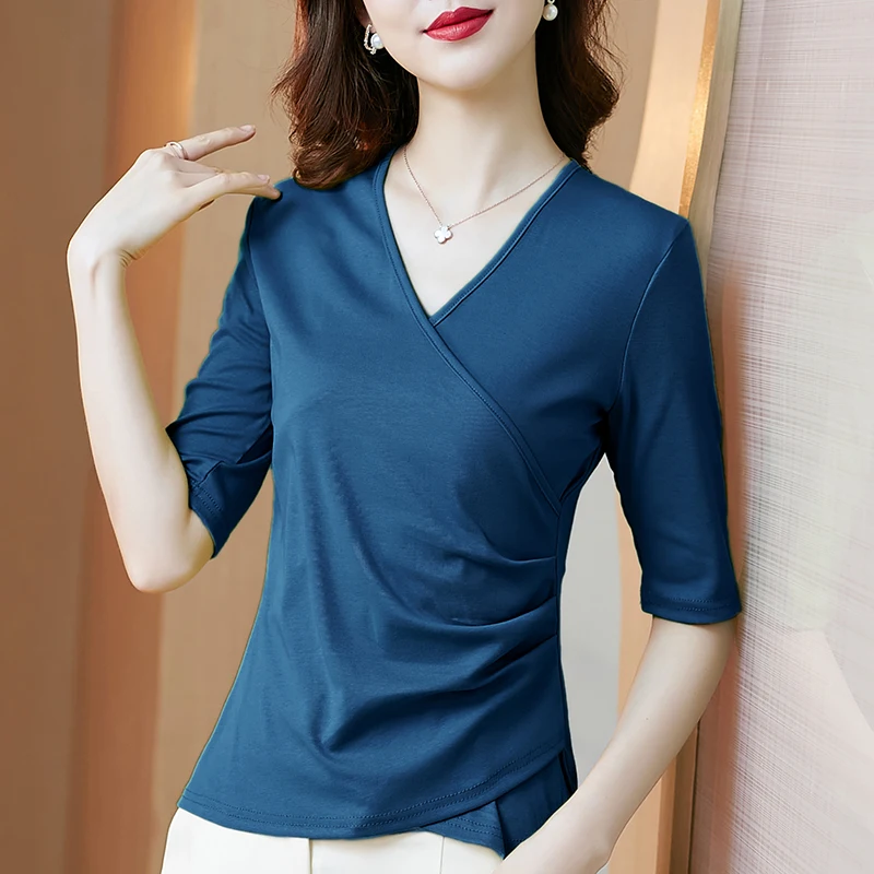 

Футболка женская с рукавом до локтя, Винтажный Зеленый Топ из спандекса, в Корейском стиле, осень