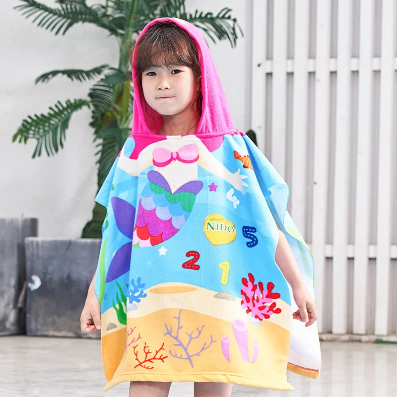 Toddler Kids Hooded Beach Bath Towel Cartoon Soft Swim Pool Coverup Poncho Cape For Girls Boys 1-7 Years Old Children Robe Cloak | Мать и