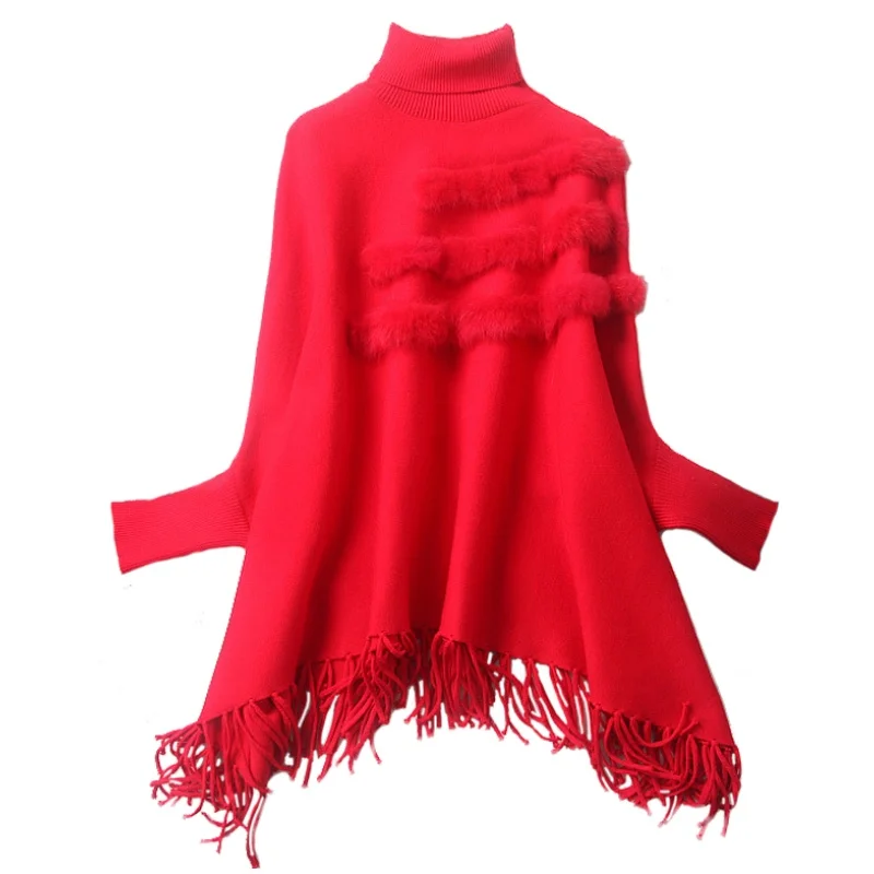 

SuperAen New Design Three Rabbit Fur Cloak Shawl Solid Batwing Sleeve Turtleneck Pullover Sweater Women