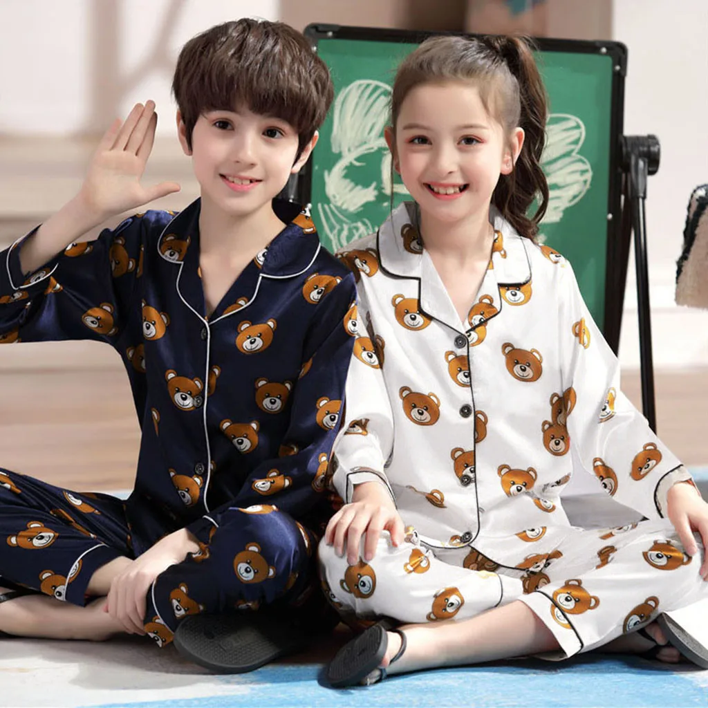 2021 Autumn Winter Fashion Kids Baby Boy Girls Long Sleeve Cartoon Bear Tops+Pants Outfits Pajamas Sleepwear Set Drop Shipping | Детская