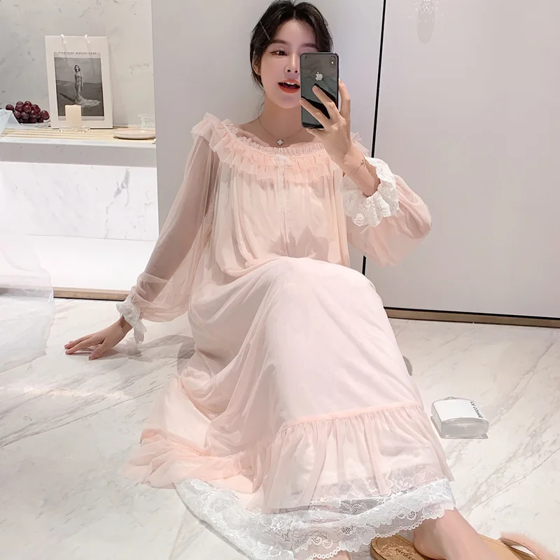 

Fairy Cute Lace Princess Nightdress Spring Autumn Modal Palace Nightgown Long-Sleeved Home Service Sleepwear Female Nighties