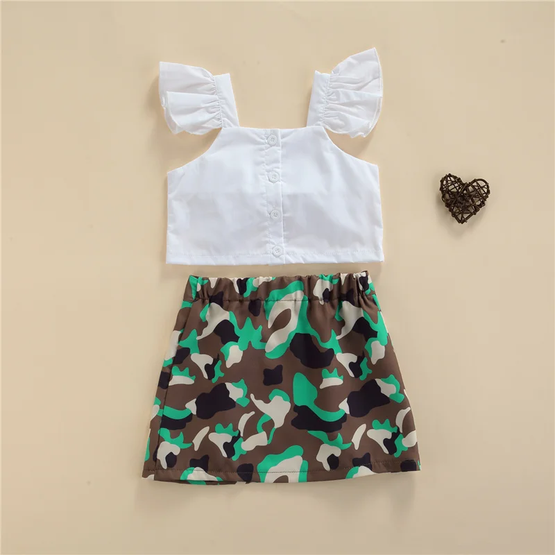

2021 Girl\u2019s Skirt Two Pieces Suit Sweet Solid Color Bow Fly Sleeve T-shirt and Camouflage Short Skirt for summer