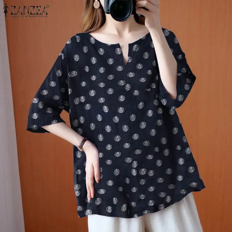 

Lady O Neck Shirt ZANZEA Fashion Printed Tops Women Casual Oversized Chemise Female Half Sleeve Blusa 2021 Autumn Vintage Blouse