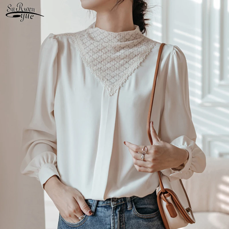 

Повседневные Элегантные кружевные топы в стиле ретро, Весенняя женская блузка с круглым вырезом и длинным пышным рукавом, модные однотонны...