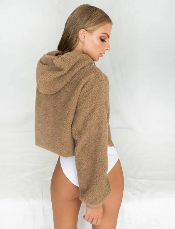 2019 Женская однотонная толстовка с капюшоном джемпер длинным рукавом укороченный