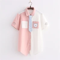 harajuku cute bear cartoon blouse girls tie front button up shirts womens kawaii sweet 2021 casual short sleeve cardigan tops