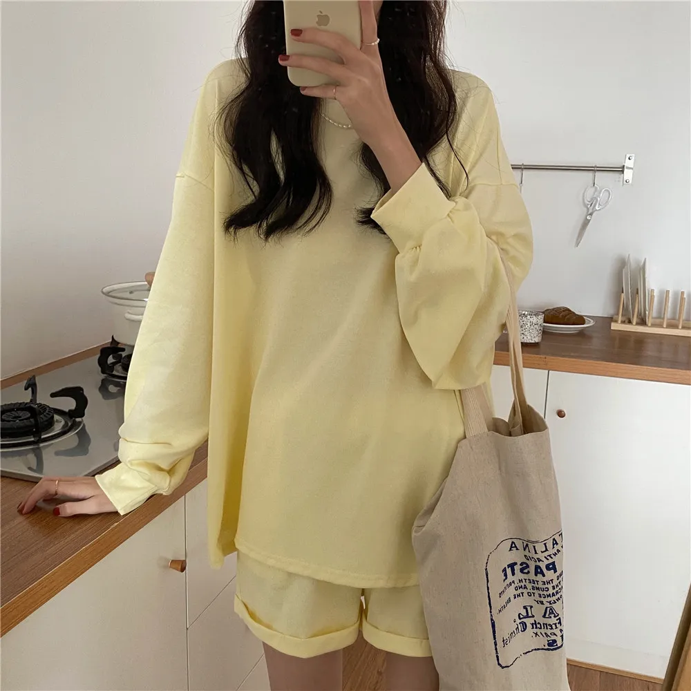 

2021 Summer Loose Femme Chic Oversize Brief Solid T-Shirts+High Quality Casual Elastic Shorts All Match Sets Suits
