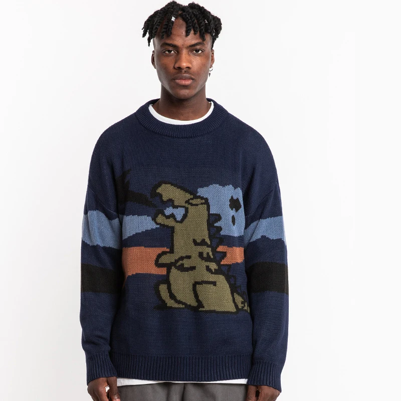 Мужской свитер пуловер с круглым вырезом в стиле хип хоп рисунком динозавра Spitfire