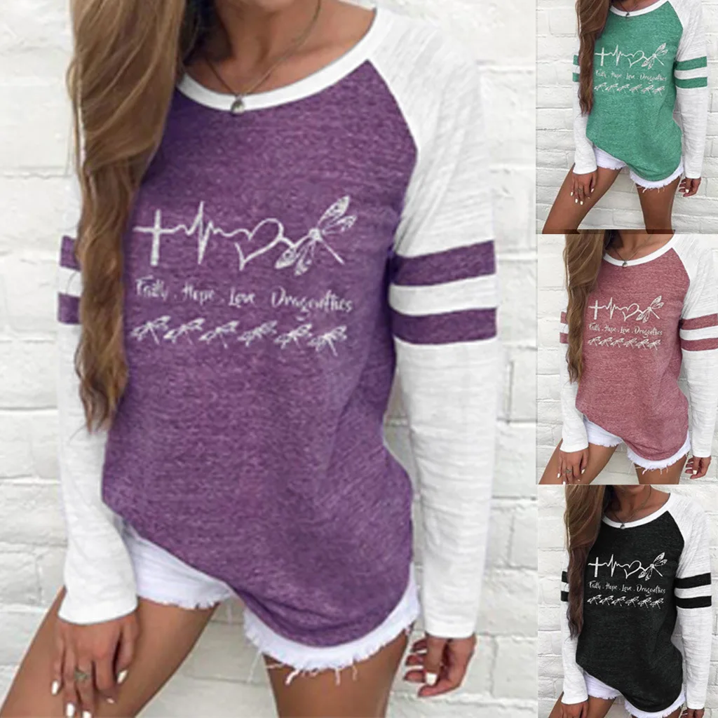 

Autumn winter bottomed round neck stripe stitched sleeve top letter printed long sleeve T-shirt women