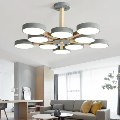

220V LED Chandelier With Metal Lampshade For Living Room Modern Ceiling Chandeliers Wooden Lustres Rooms Hanging Lamps