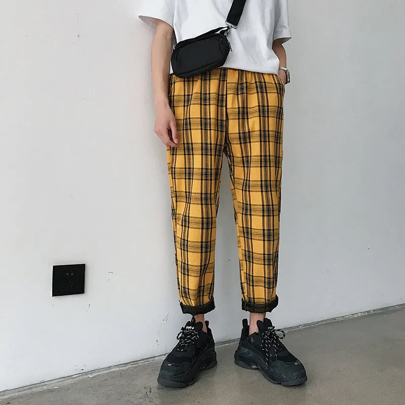 W2-Yellow Женские клетчатые брюки размера плюс 5XL, корейский стиль, на завязках, уличная одежда, повседневные бегуны, осень-весна, женские брюки - Цвет: W2-Yellow