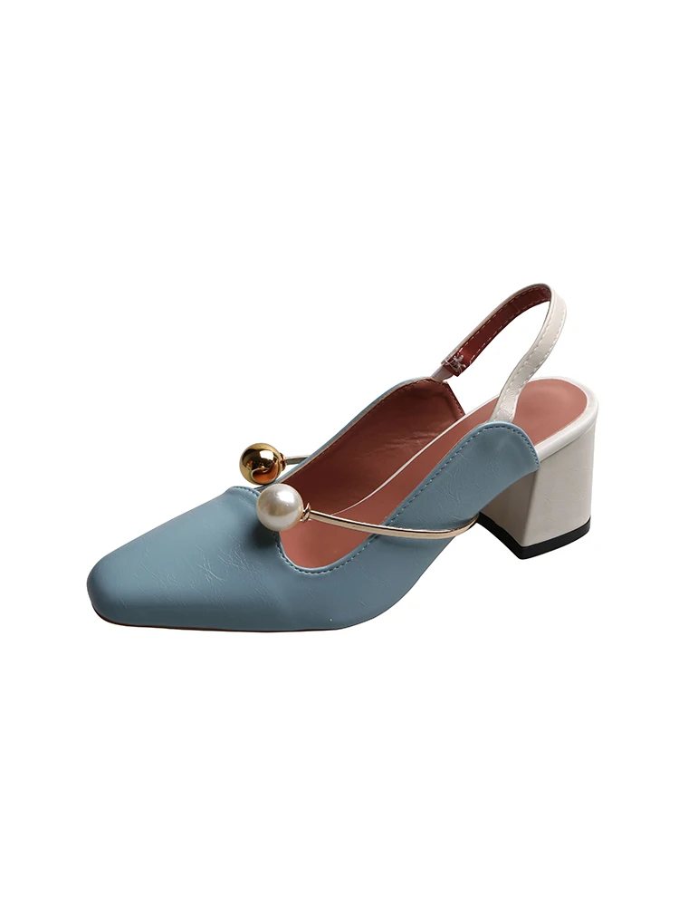 

Sweet And Simple Pearl Color Matching Ladies Sandals Spring And Autumn Hot Sale One-Word Buckle Square Heel High-Heeled Shoes.