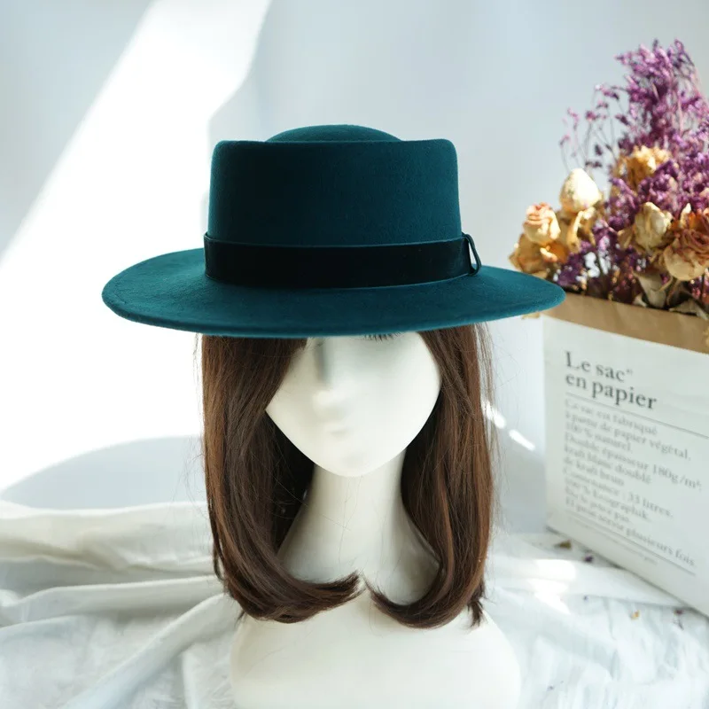 202010-panshi-france grace Retro  gemstone green wool velvet ribbon fedoras cap men women leisure panama jazz hat