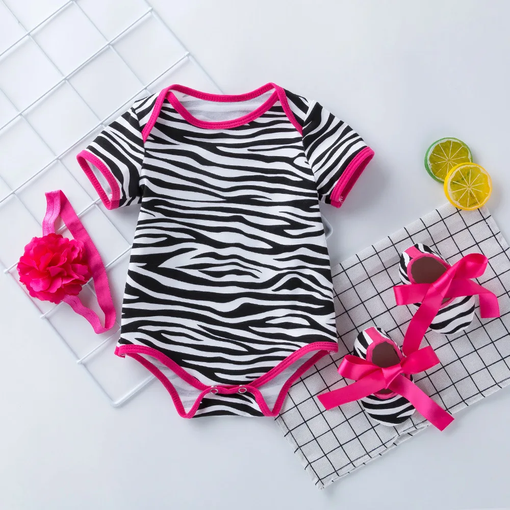 Newborn Baby Girl Flare Sleeve Solid Stripe Leopard Grain Casual Romper Jumpsuit Outfits Clothes Summer Kids Suit |