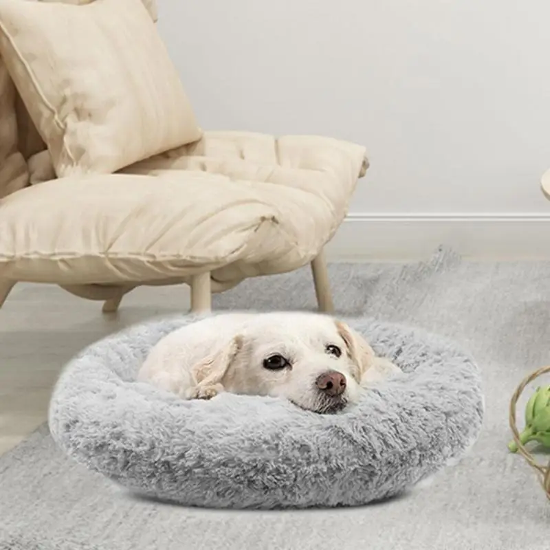 Круглая теплая плюшевая кровать для сна собаки подушка питомца кошка зимняя