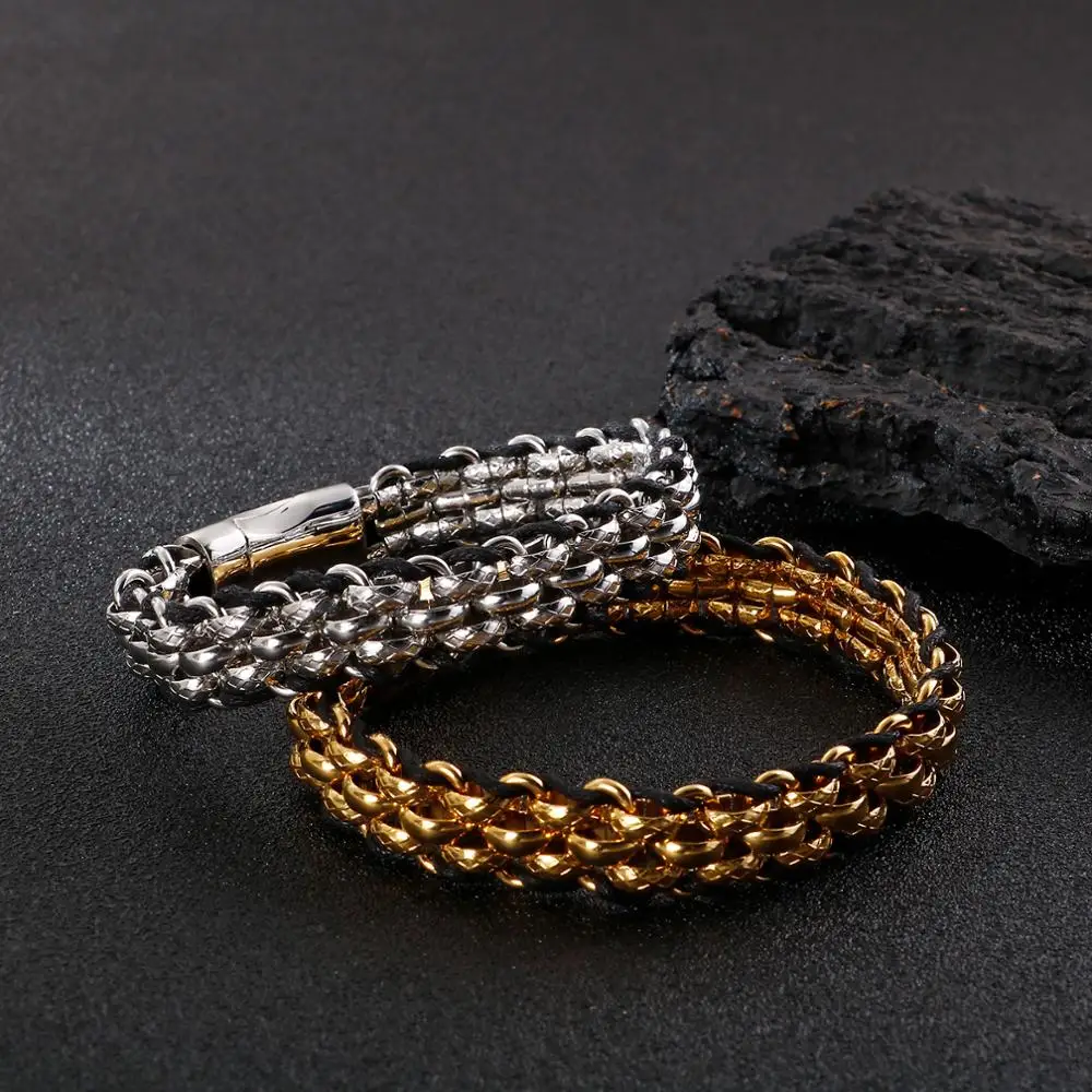 

13mm Width Men's Shine S /Gold Stainless Steel Cowhide Braided Bracelets For Show Gift For Best Friend