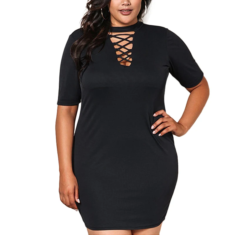 Plus Size Woman Black Mini Dress Sexy Party Clothes Night Club Vestido O-neck Hollow Out Clothing Big Bodycon Dresses | Женская одежда