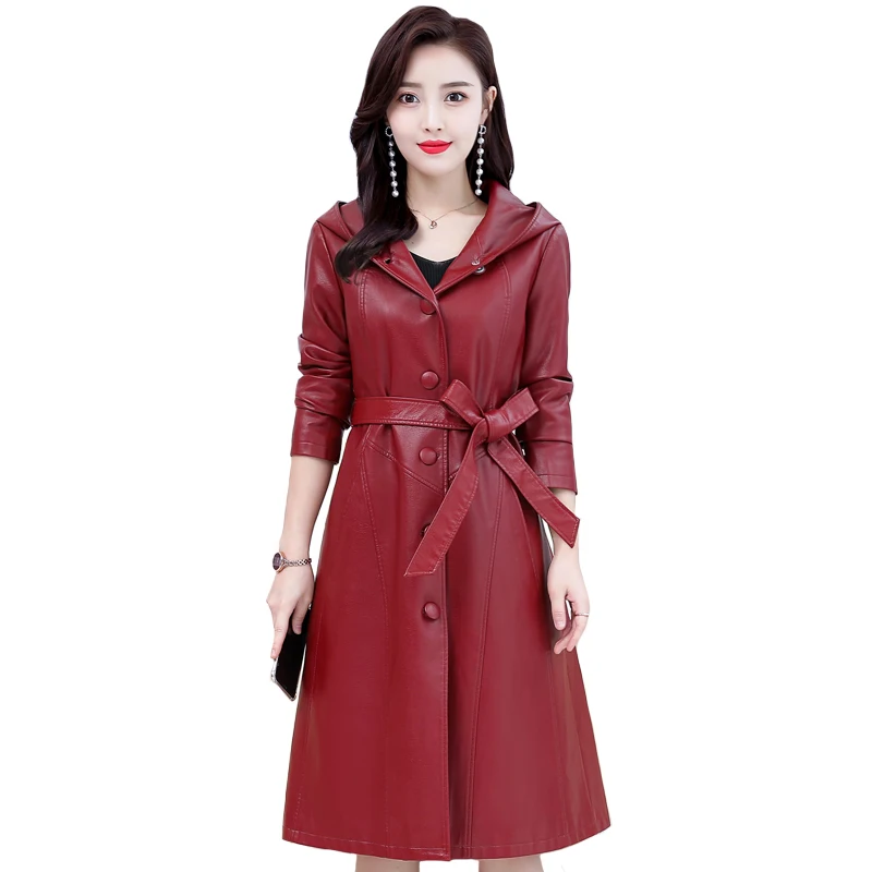 Женские длинные кожаные куртки с капюшоном осенне зимний плащ из искусственной