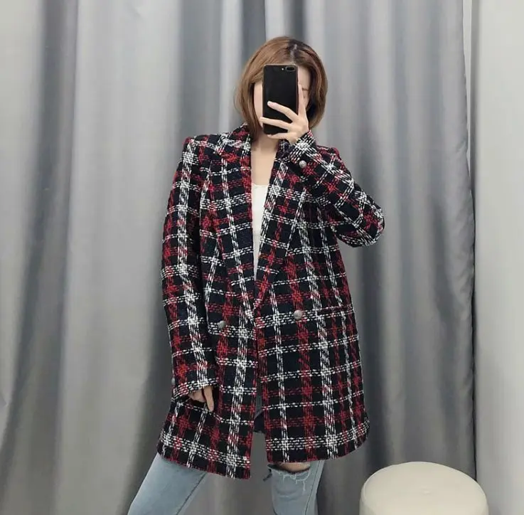 HCBLESS Женское шерстяное пальто 2019 осеннее женское Шерстяное двубортное клетчатое