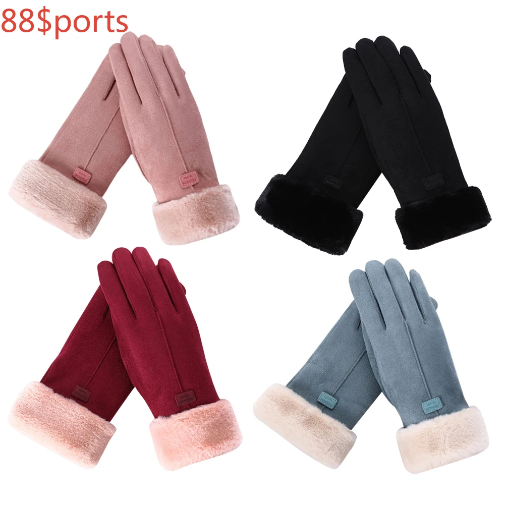 

New Women's Leather Gloves Winter Cold and Warm Autumn and Winter Cute Furry Warm Gloves Full Touch Screen Gloves Riding Gloves