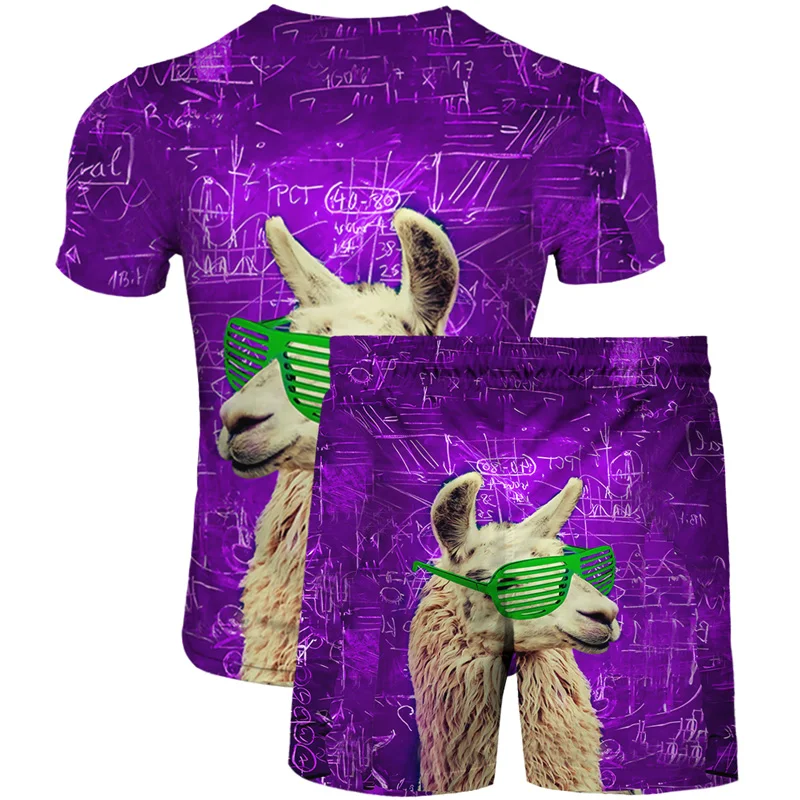 

Cute alpaca 3D printing new men's and women's t-shirt + beach pants 2-piece set men's t-shirt fashion trend street hip-hop style