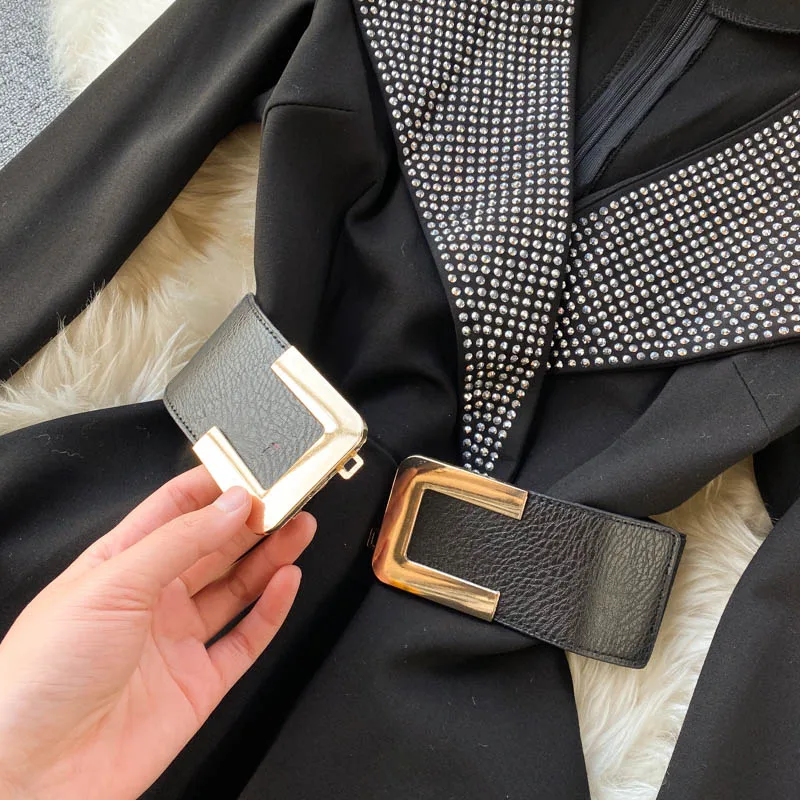 

ZCSMLL black women dresses Fashion ins spring new dress rhinestone suit collar long sleeve tie waist slim fashion dress
