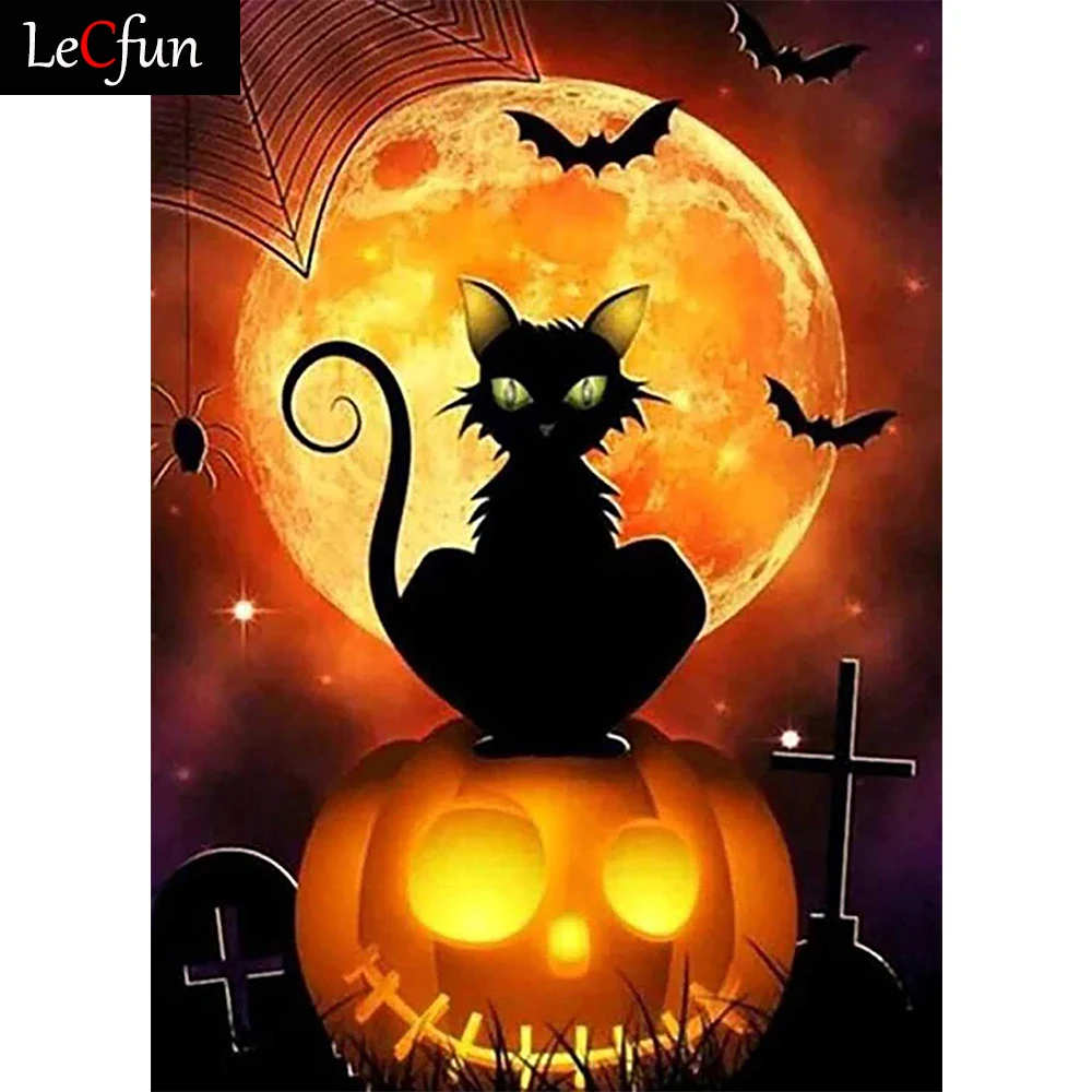 

Алмазная 5D краска LeCfun для Хэллоуина, набор для рисования по номерам, с рисунком кошки, тыквы, призрака, вышивка крестиком, подарок