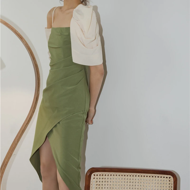 

2021 Summer Suspender Temperament New French Style Dress Solid Simple Irregular Pile Up Sleeve Femme Robe Sexy Ol Vestidos