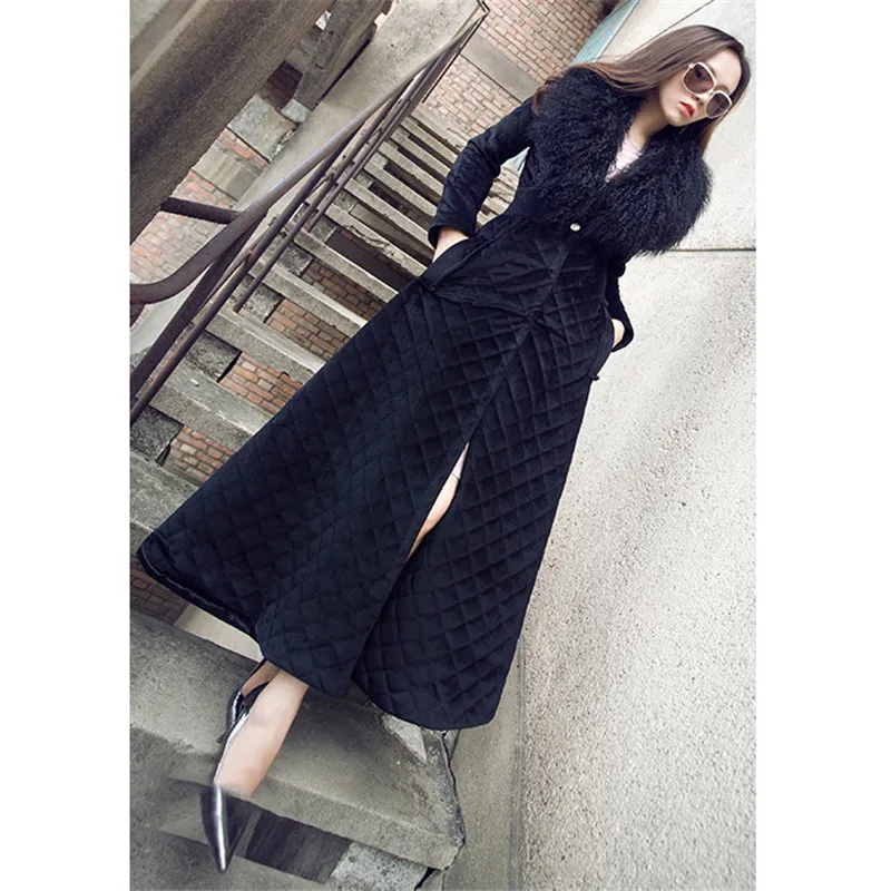 

Зимние женские парки, пальто, длинный тонкий меховой воротник, плотная теплая хлопковая одежда, новинка 2022, темпераментный Повседневный Тренч с большим подолом и подкладкой