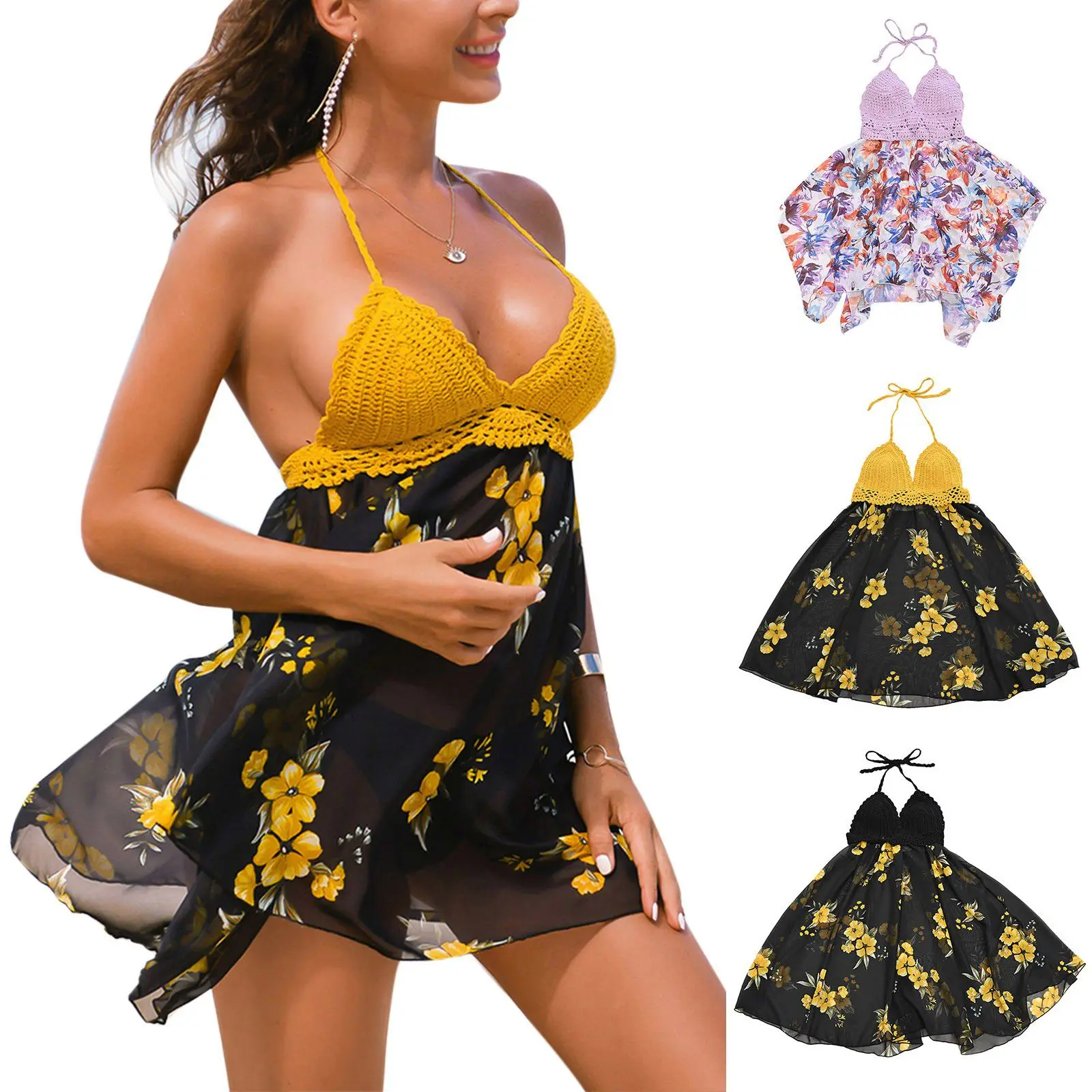 

Summer Women's Swimsuit Sexy Two Piece Swimwear feminine bikinis Mesh Dress Gauze Beach Halter Floral Printed Bathing Set