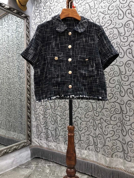 

2021 new women fashion lapel gold buckle decoration symmetrical saliva short-sleeved all-match top 811