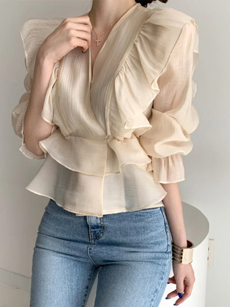 Блузка женская шифоновая с коротким рукавом и V образным вырезом|Блузки| |