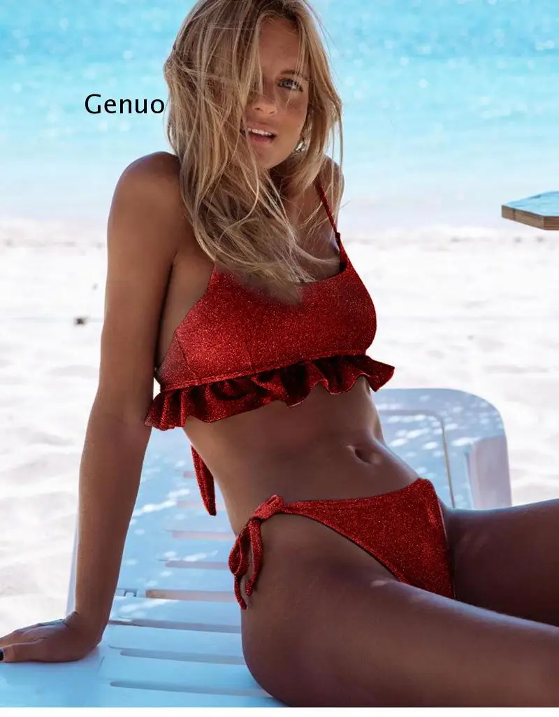 

Sexy Sequin Bandage Bikini Swimwear Women Low Waist Solid Bikini Sets Bathing Suits Push Up Glitter Ruffles Beach Wear Swimsuit