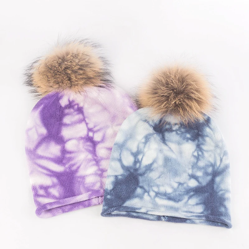 Fashion Tie Dye Knitted Skullies Beanies Hat For women Ladies Winter Bonnet Casual Cap Female Outdoor Beanie With Real Pom Pom