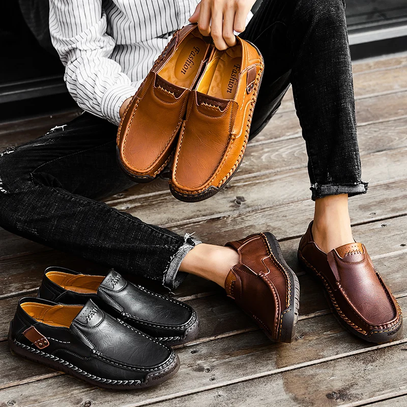 

Golden Sapling Genuine Leather Men Loafers Breathable Men's Casual Shoes Soft Rubber Driving Flats Leisure Formal Retro Loafers