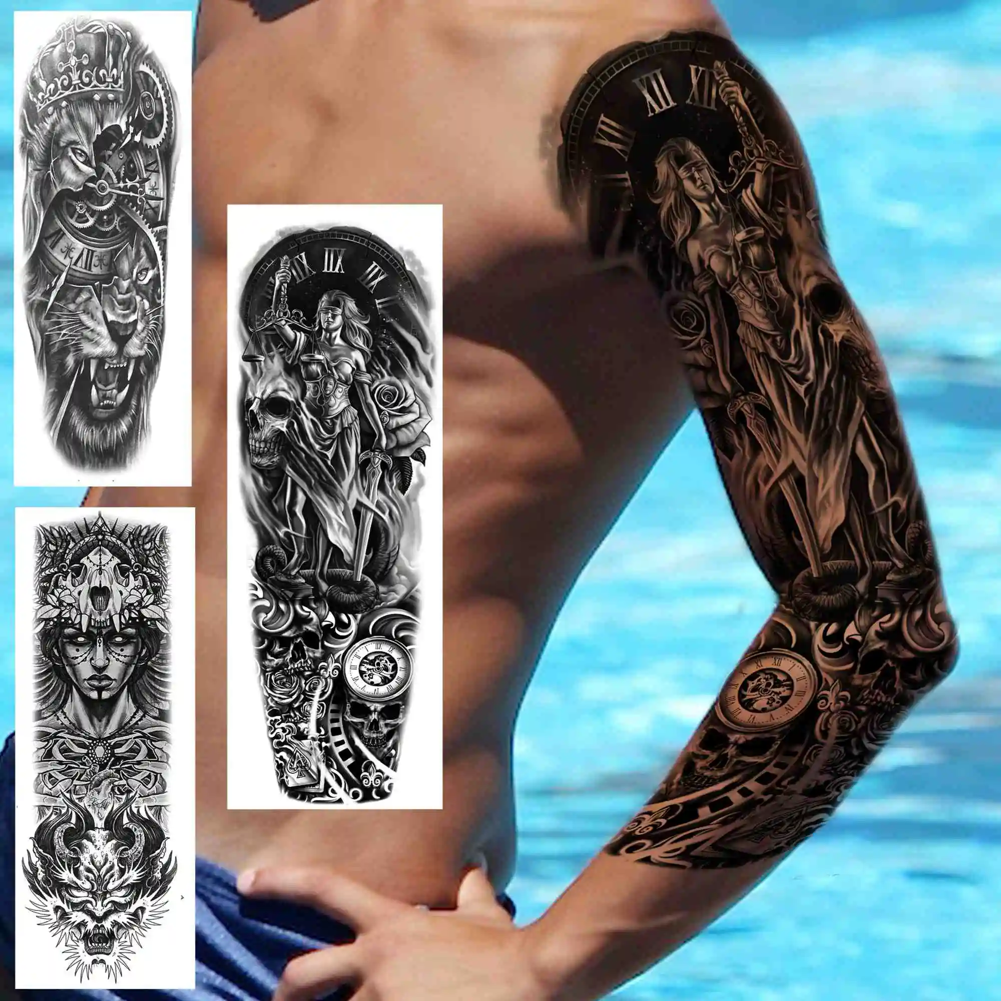 

Skull Head Nun Compass Full Arm Tattoo Sleeves For Men Women Lion Tiger Dragon Temporary Tattoos Sticker Washable Large Tatoos