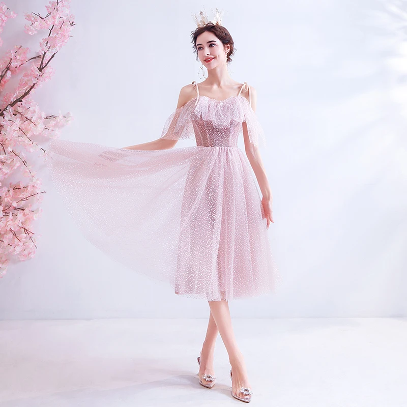 

2020 New Fashion Elegant Pink Short Formal Evening Dresses Sequins Tulle Bride Party Prom Dress DC038
