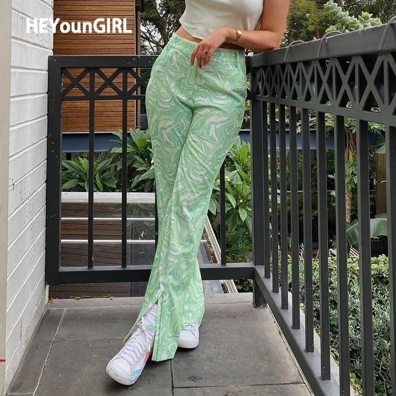 

Женские винтажные брюки HEYounGIRL, повседневные зеленые длинные брюки с высокой талией и разрезом сбоку, элегантная уличная одежда 90-х годов, 2021