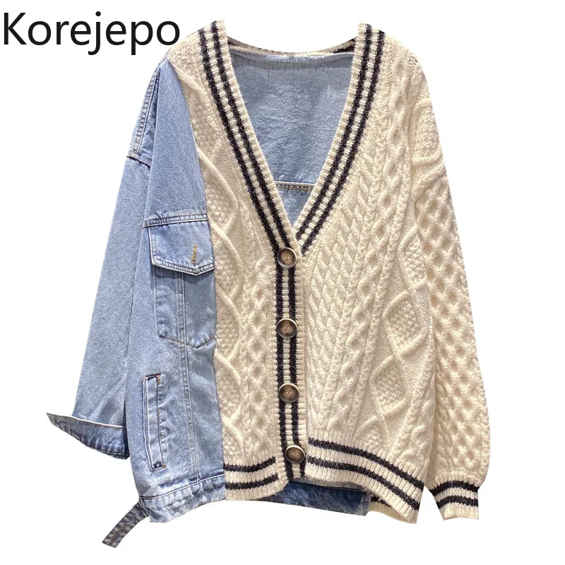 

Korejepo Women Japanese Twist Knitted Cardigan 2021 Autumn and Winter New Style Denim Stitching Preppy Style V-neck Sweater Coat