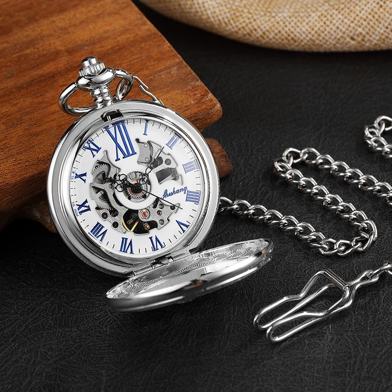 Deer Pattern Mechanical Pocket Watch Skeleton Vintage Antique Sliver Hollow Animal Engraved Male Fob Chain Clock for Men Women
