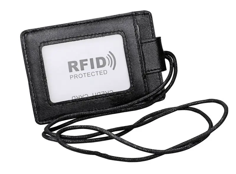 TRASSORY Анти Rfid ID карты шеи держатель из натуральной кожи кредитный держатель для карт с ремешком для мужчин и женщин - Цвет: Black