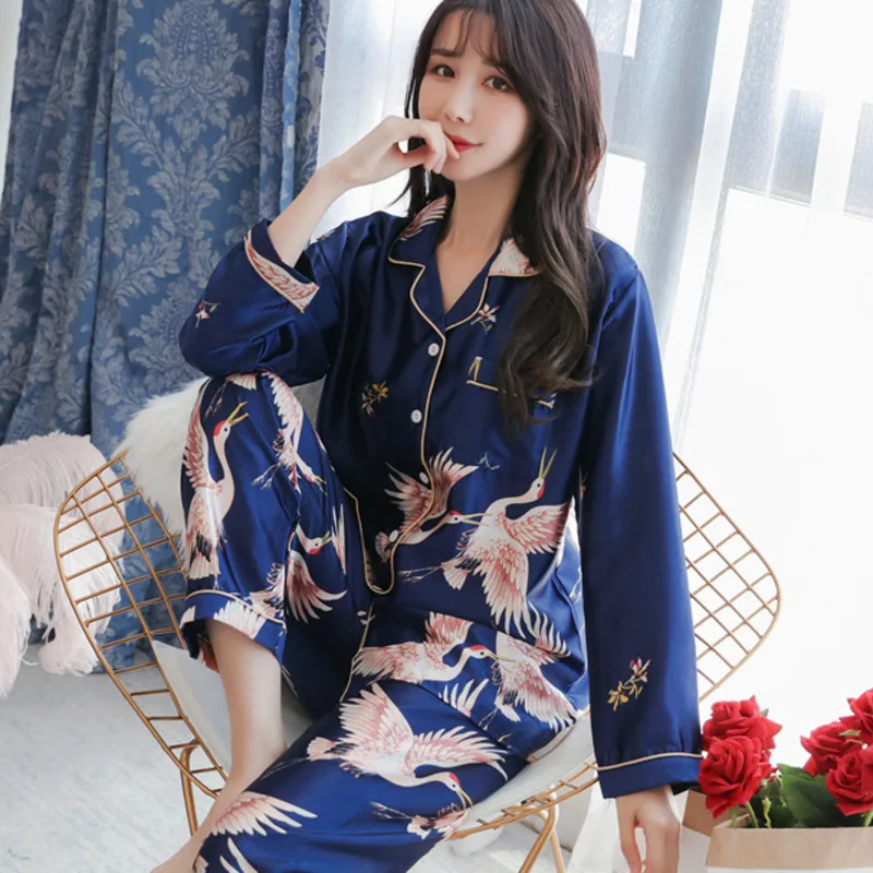 

Spring Womens Pajama Set Satin Silk Printed Pyjama Long Sleeve Nightwear Sleepwear Casual Comfortable Satin Loungewear Plus size