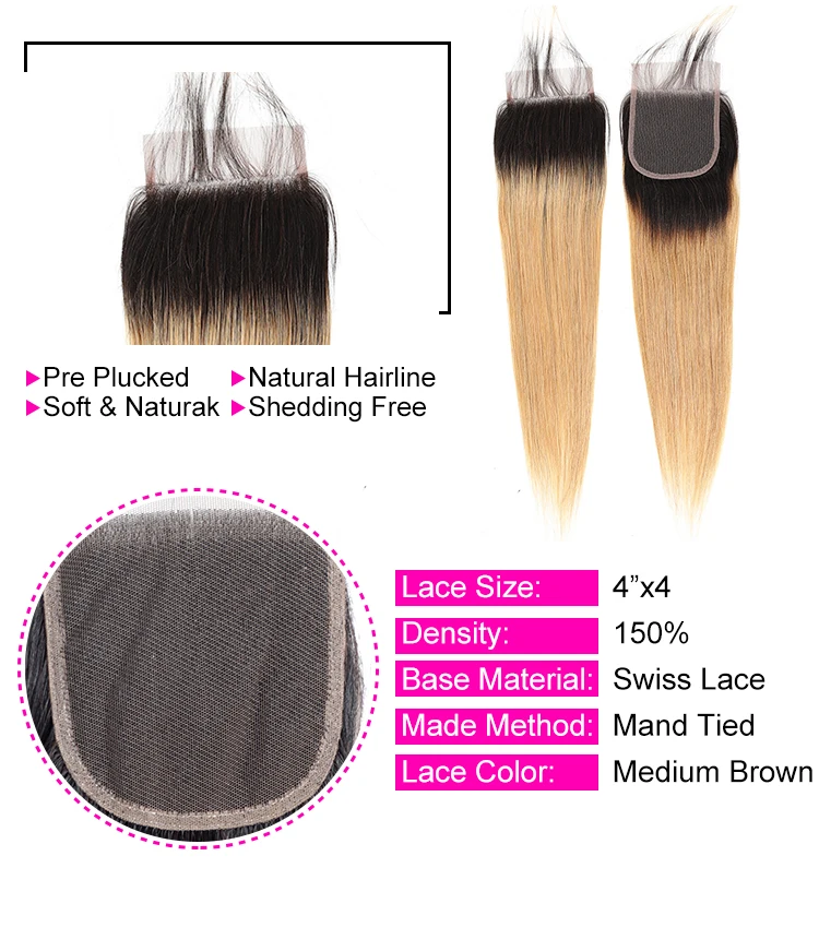 Feel Me Ombre Peruvian Straight Human Hair Bundles With Closure 1b/27 Honey Blonde Bundles With Closure Non Remy Hair Extensions