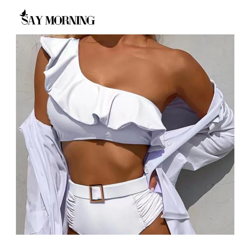 

SAY MORNING Solid Color One-shoulder Ruffled Two-piece Swimsuit Sexy Women's Bikini Beachwear Swimwear Bathing Swimming Wear